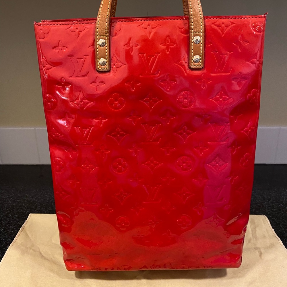 Louis Vuitton Red Vernis “Reade” patent leather tall tote bag.  MM
